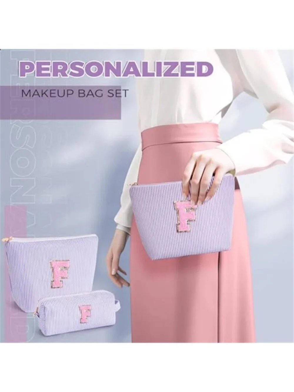 Personalized Initial Makeup Bag Canvas Cosmetic Travel Organizer Pouch Set